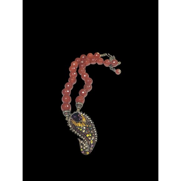 Heidi Daus Faceted Red Beaded Necklace With Ornate Rhinestone Pendant & Adjustab - Picture 6 of 8